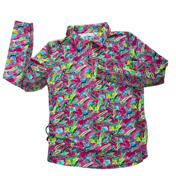 IBKUL Golf Shirt Womens Size Large 1/4 Zip Floral Peacock Pink Quick Dry UPF 50 - Picture 3 of 6